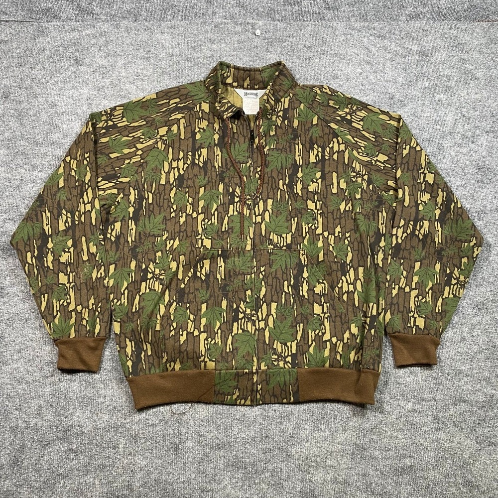 Vintage Muleskins Tree Bark Leaf Camo Full Zip Jacket Mens XL Made in USA Brown